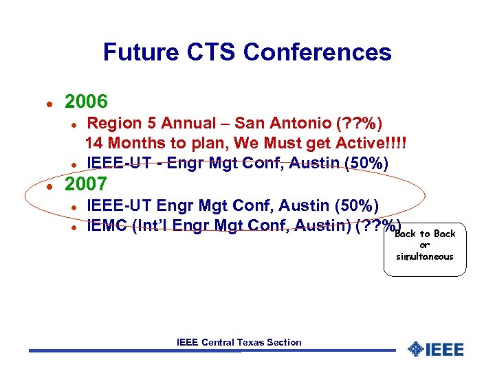 Future CTS Conferences l 2006 Region 5 Annual – San Antonio (? ? %)
