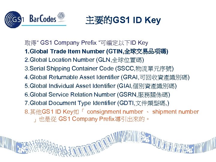 主要的GS 1 ID Key 取得“ GS 1 Company Prefix “可編定以下ID Key 1. Global Trade