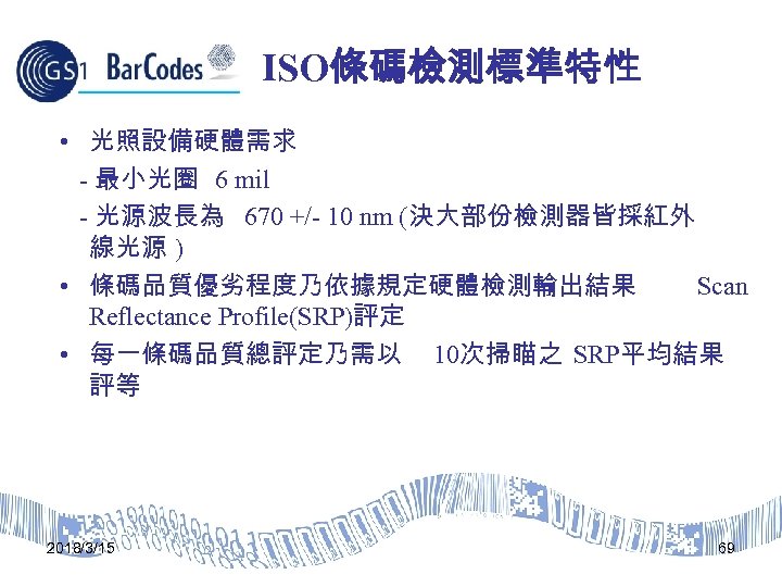 ISO條碼檢測標準特性 • 光照設備硬體需求 - 最小光圈 6 mil - 光源波長為 670 +/- 10 nm (決大部份檢測器皆採紅外