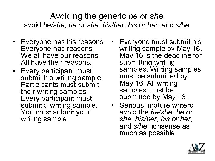 Avoiding the generic he or she: avoid he/she, he or she, his/her, his or