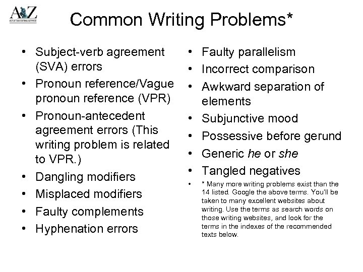 Common Writing Problems* • Subject-verb agreement (SVA) errors • Pronoun reference/Vague pronoun reference (VPR)