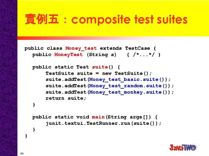 實例五：composite test suites public class Money_test extends Test. Case { public Money. Test (String