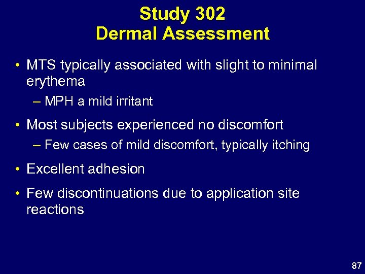 Study 302 Dermal Assessment • MTS typically associated with slight to minimal erythema –