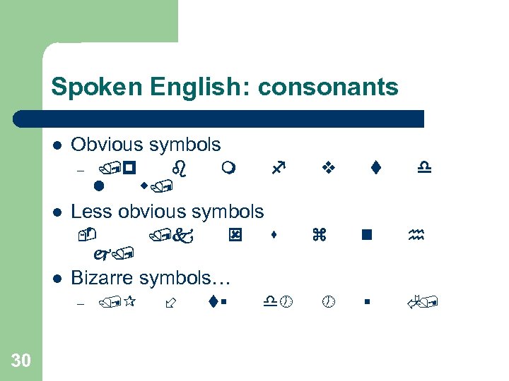 Spoken English: consonants l Obvious symbols – l /p b l w/ m t