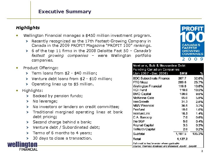 Executive Summary Highlights • Wellington Financial manages a $450 million investment program. Ø Recently