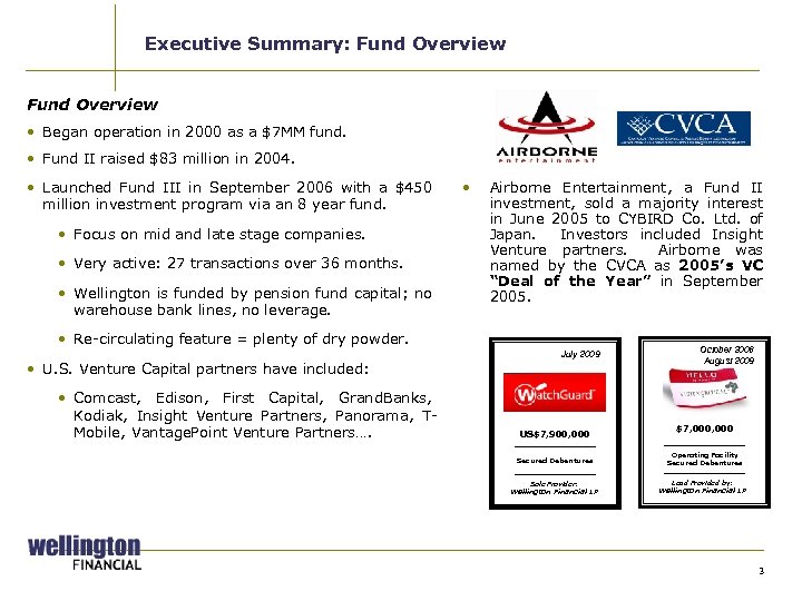 Executive Summary: Fund Overview • Began operation in 2000 as a $7 MM fund.