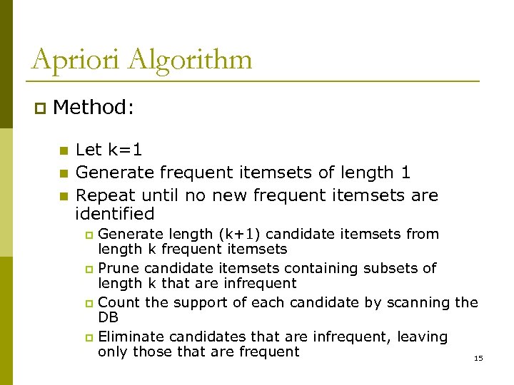 Apriori Algorithm p Method: n n n Let k=1 Generate frequent itemsets of length