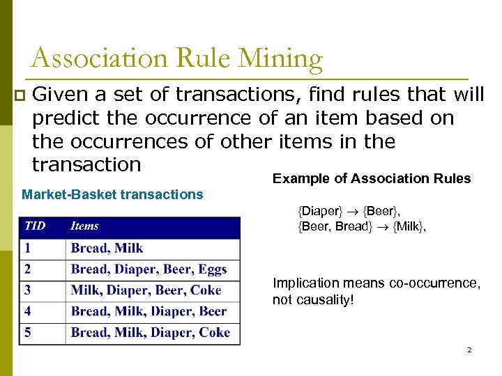 Association Rule Mining p Given a set of transactions, find rules that will predict