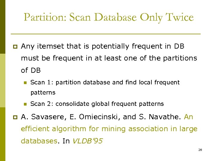 Partition: Scan Database Only Twice p Any itemset that is potentially frequent in DB