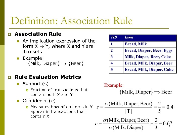 Definition: Association Rule p Association Rule n n p An implication expression of the
