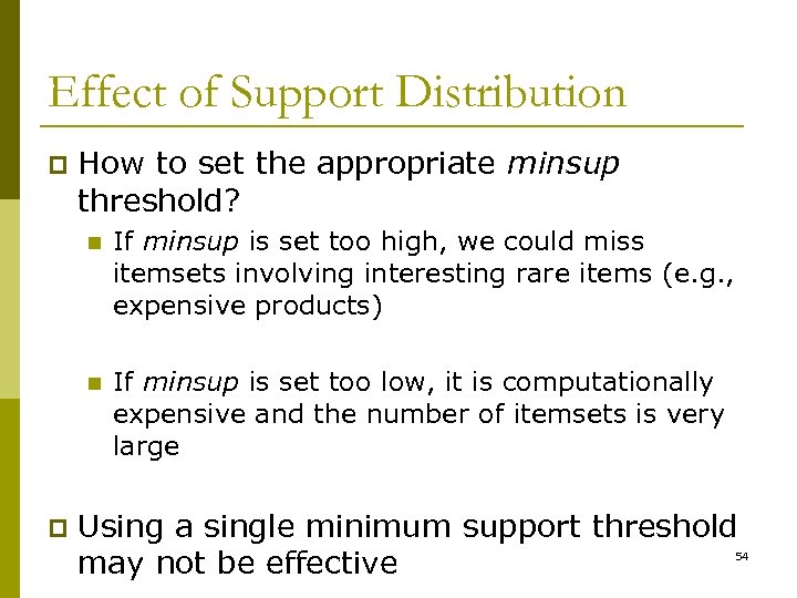 Effect of Support Distribution p How to set the appropriate minsup threshold? n n