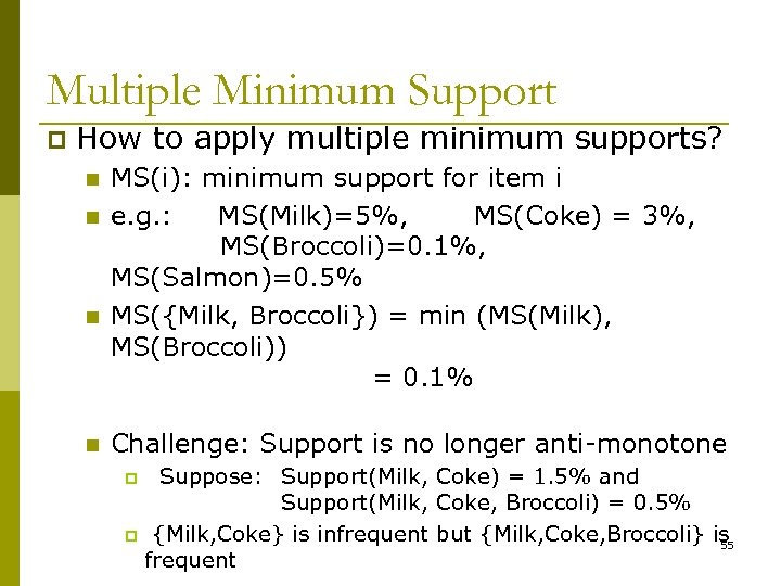 Multiple Minimum Support p How to apply multiple minimum supports? n n MS(i): minimum