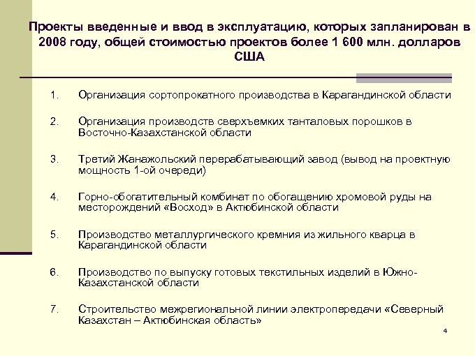 Проекты введенные и ввод в эксплуатацию, которых запланирован в 2008 году, общей стоимостью проектов