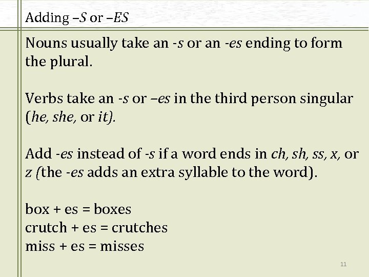 Adding –S or –ES Nouns usually take an -s or an -es ending to