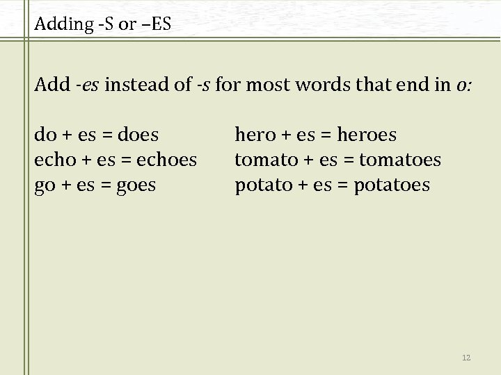 Adding -S or –ES Add -es instead of -s for most words that end
