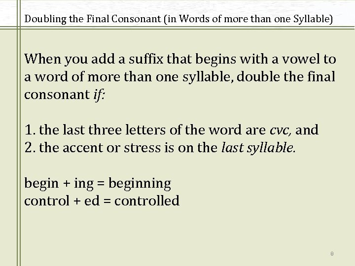 Doubling the Final Consonant (in Words of more than one Syllable) When you add