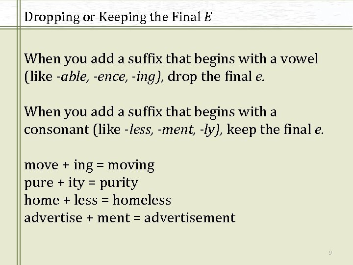 Dropping or Keeping the Final E When you add a suffix that begins with