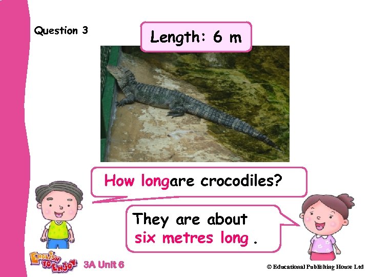 Question 3 Length: 6 m How longare crocodiles? They are about six metres long.