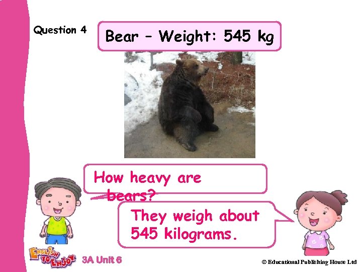 Question 4 Bear – Weight: 545 kg How heavy are bears? They weigh about