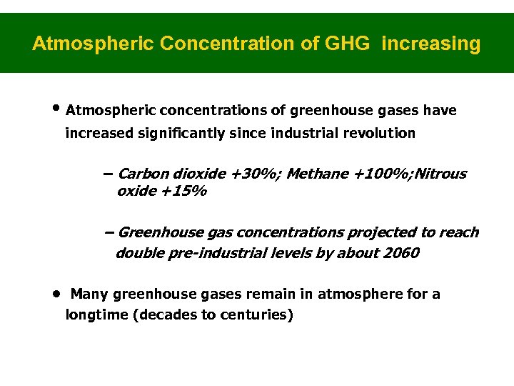 Atmospheric Concentration of GHG increasing • Atmospheric concentrations of greenhouse gases have increased significantly