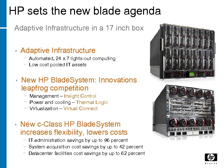 HP sets the new blade agenda Adaptive Infrastructure in a 17 inch box •