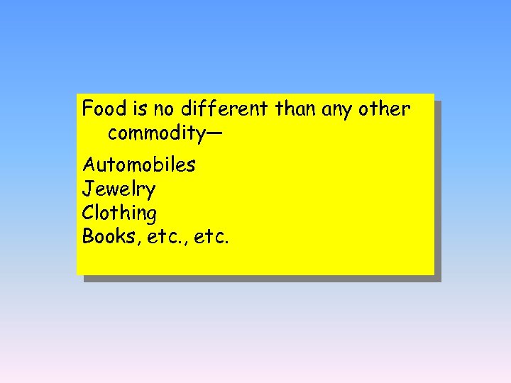 Food is no different than any other commodity— Automobiles Jewelry Clothing Books, etc. 