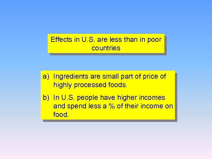 Effects in U. S. are less than in poor countries a) Ingredients are small