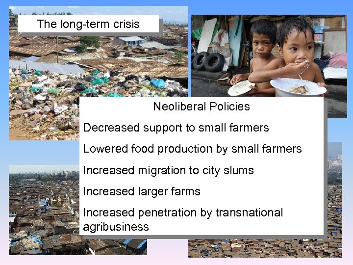 The long-term crisis Neoliberal Policies Decreased support to small farmers Lowered food production by