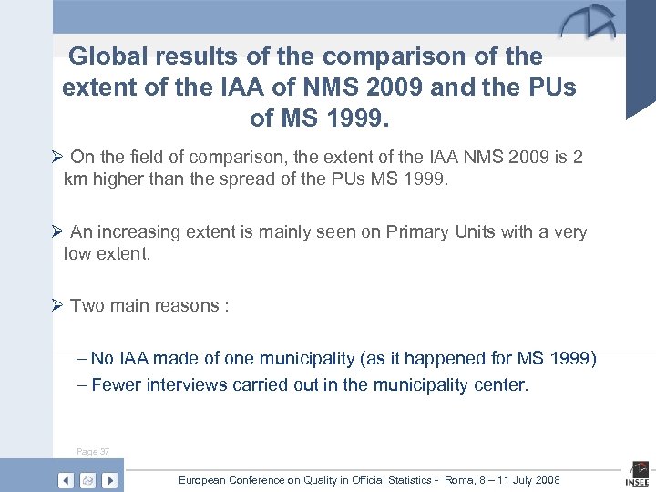 Global results of the comparison of the extent of the IAA of NMS 2009