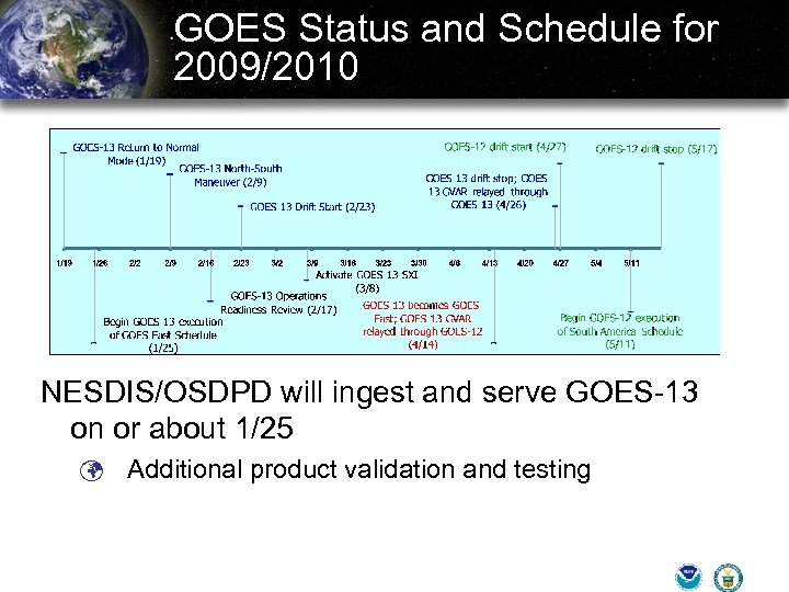 GOES Status and Schedule for 2009/2010 NESDIS/OSDPD will ingest and serve GOES-13 on or