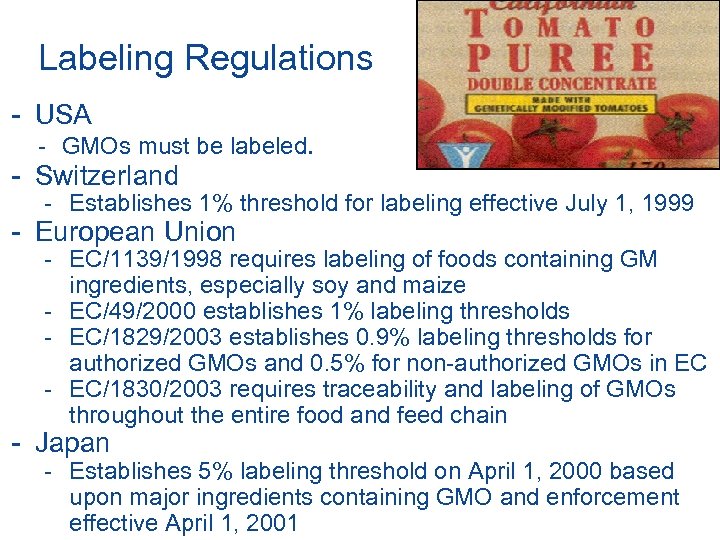 Labeling Regulations - USA - GMOs must be labeled. - Switzerland - Establishes 1%