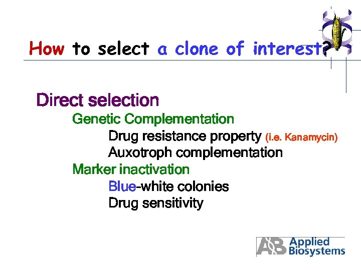 How to select a clone of interest? Direct selection Genetic Complementation Drug resistance property