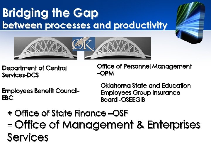 Bridging the Gap between processes and productivity Department of Central Services-DCS Employees Benefit Council.