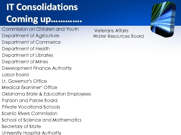 IT Consolidations Coming up…………. Commission on Children and Youth Veterans Affairs Department of Agriculture