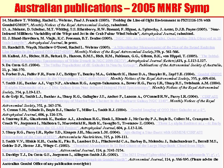 Australian publications – 2005 MNRF Symp 14. Matthew T. Whiting, Rachel L. Webster, Paul