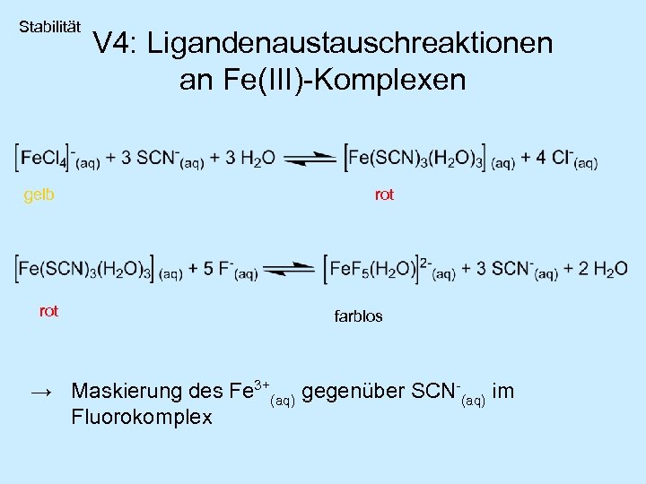 Stabilität gelb rot V 4: Ligandenaustauschreaktionen an Fe(III)-Komplexen rot farblos → Maskierung des Fe