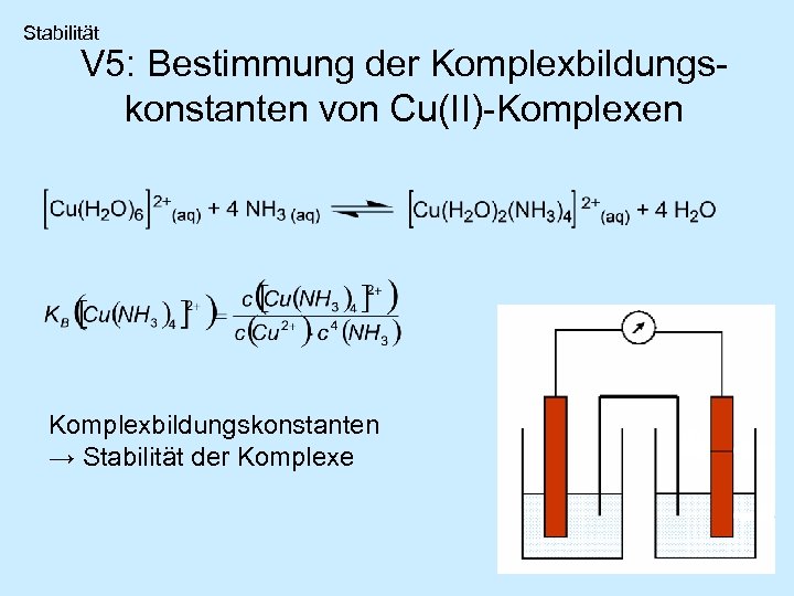 Stabilität V 5: Bestimmung der Komplexbildungskonstanten von Cu(II)-Komplexen Komplexbildungskonstanten → Stabilität der Komplexe 