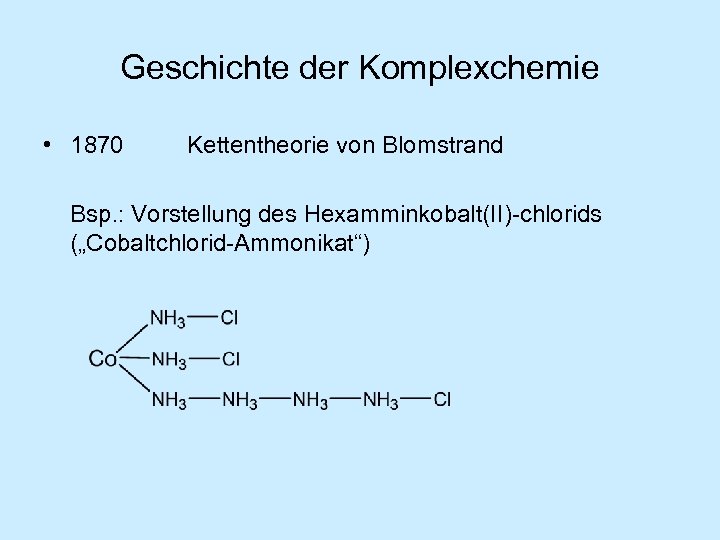 Geschichte der Komplexchemie • 1870 Kettentheorie von Blomstrand Bsp. : Vorstellung des Hexamminkobalt(II)-chlorids („Cobaltchlorid-Ammonikat“)