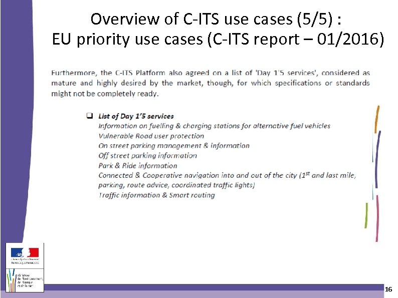 Overview of C-ITS use cases (5/5) : EU priority use cases (C-ITS report –