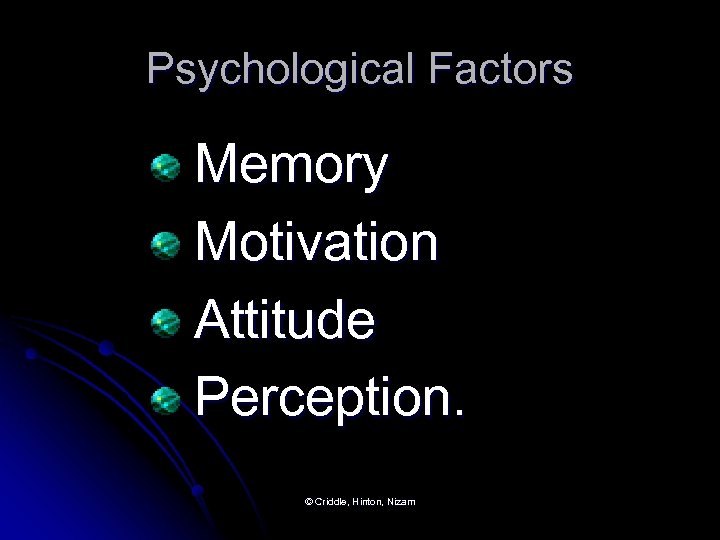 Psychological Factors Memory Motivation Attitude Perception. © Criddle, Hinton, Nizam 