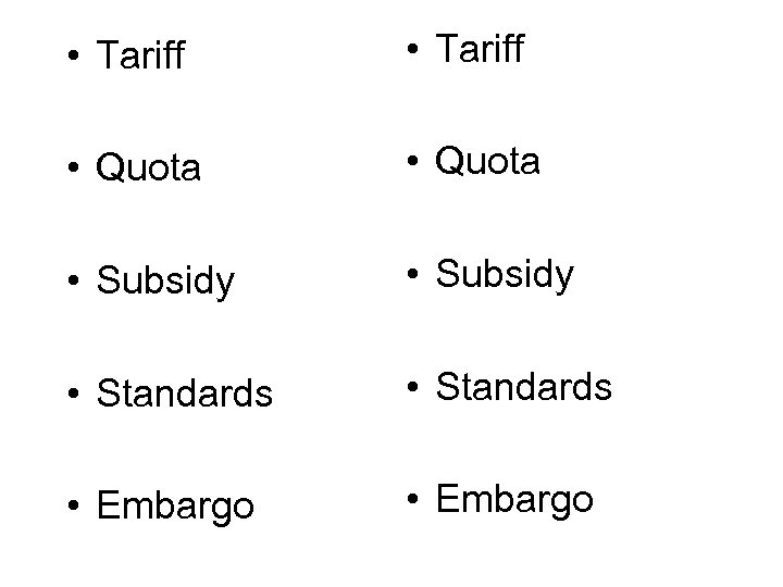  • Tariff • Quota • Subsidy • Standards • Embargo 