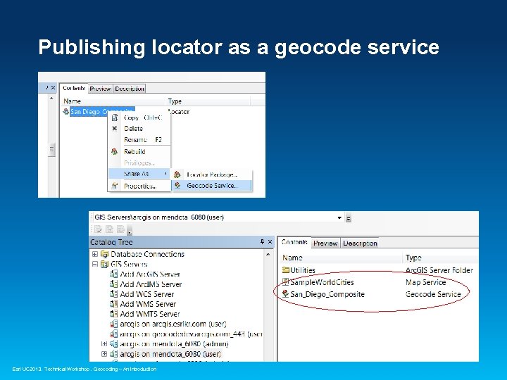 Publishing locator as a geocode service Esri UC 2013. Technical Workshop. Geocoding – An