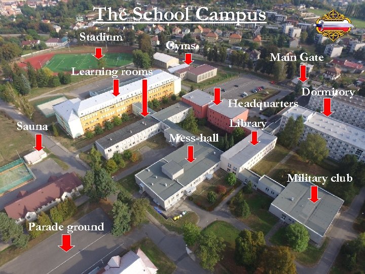 The School Campus Stadium Gyms Main Gate Learning rooms Headquarters Sauna Dormitory Library Mess-hall