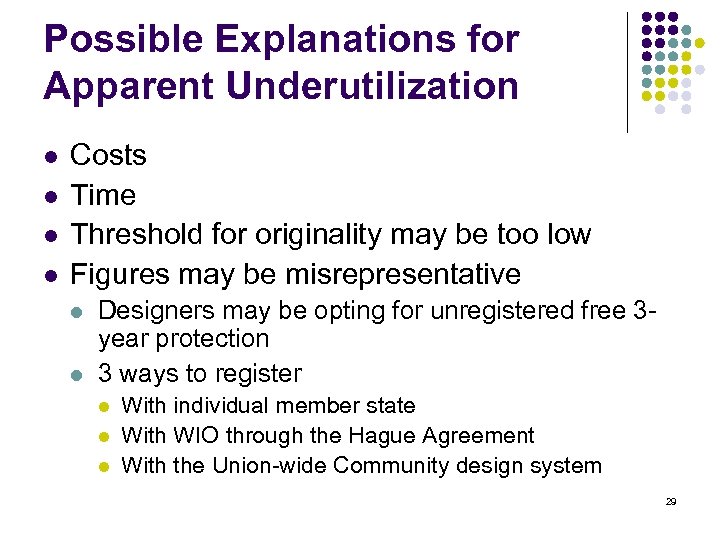 Possible Explanations for Apparent Underutilization l l Costs Time Threshold for originality may be