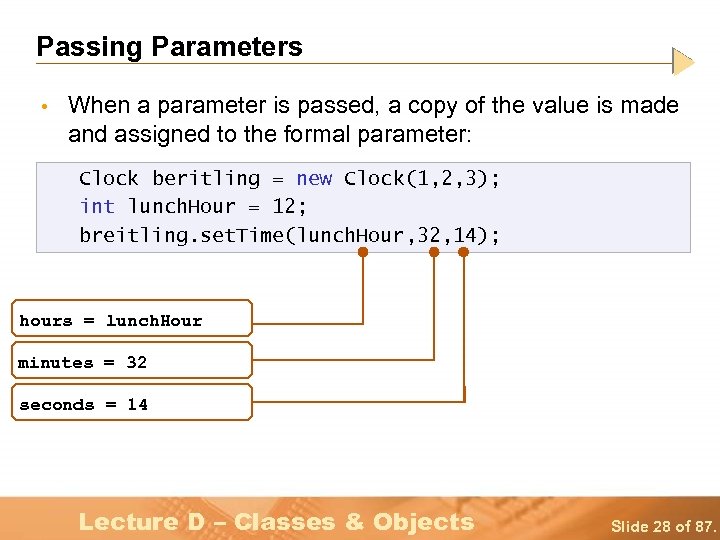 Passing Parameters • When a parameter is passed, a copy of the value is