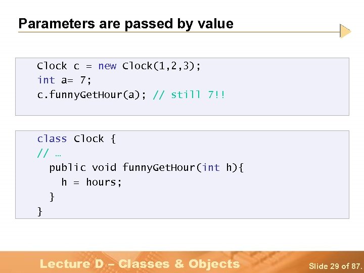 Parameters are passed by value Clock c = new Clock(1, 2, 3); int a=