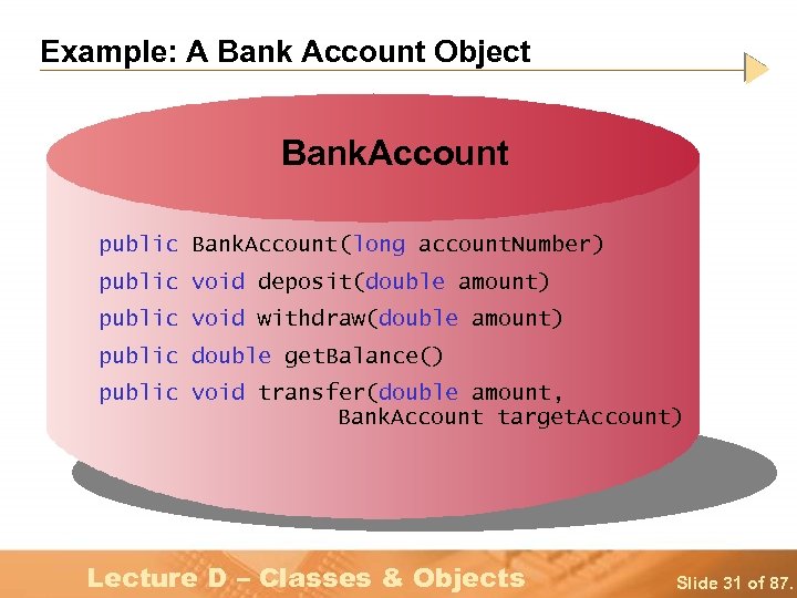 Example: A Bank Account Object Bank. Account public Bank. Account(long account. Number) public void