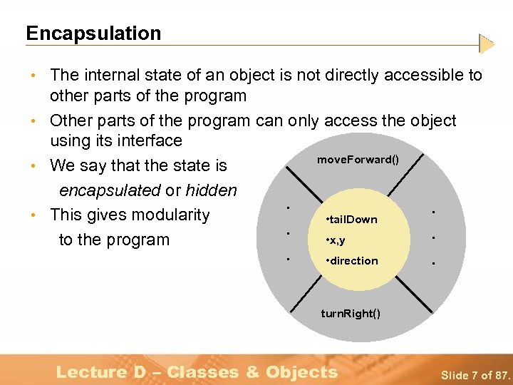 Encapsulation • The internal state of an object is not directly accessible to other