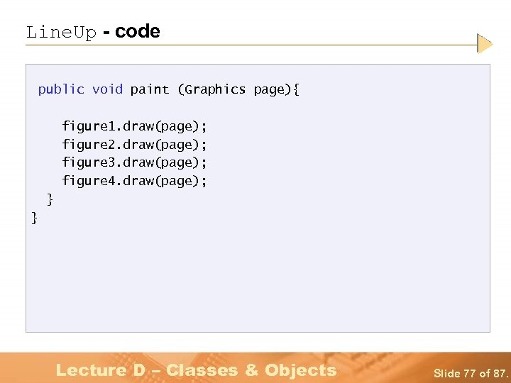 Line. Up - code public void paint (Graphics page){ figure 1. draw(page); figure 2.