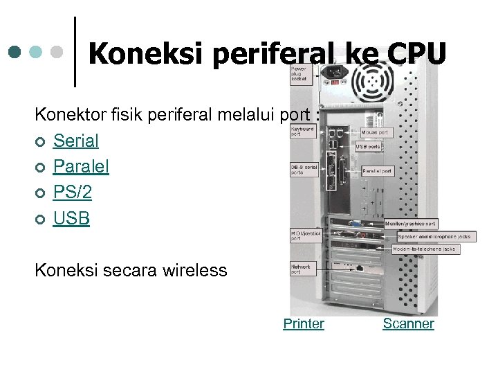 Koneksi periferal ke CPU Konektor fisik periferal melalui port : ¢ Serial ¢ Paralel